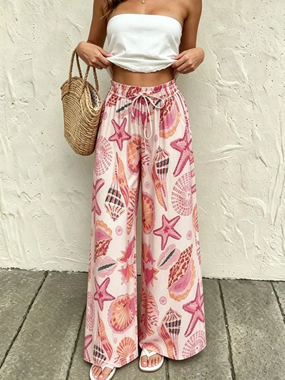 Pink Boho Women's High Waist Wide Leg Starfish Print Trousers - Picture 3 of 7